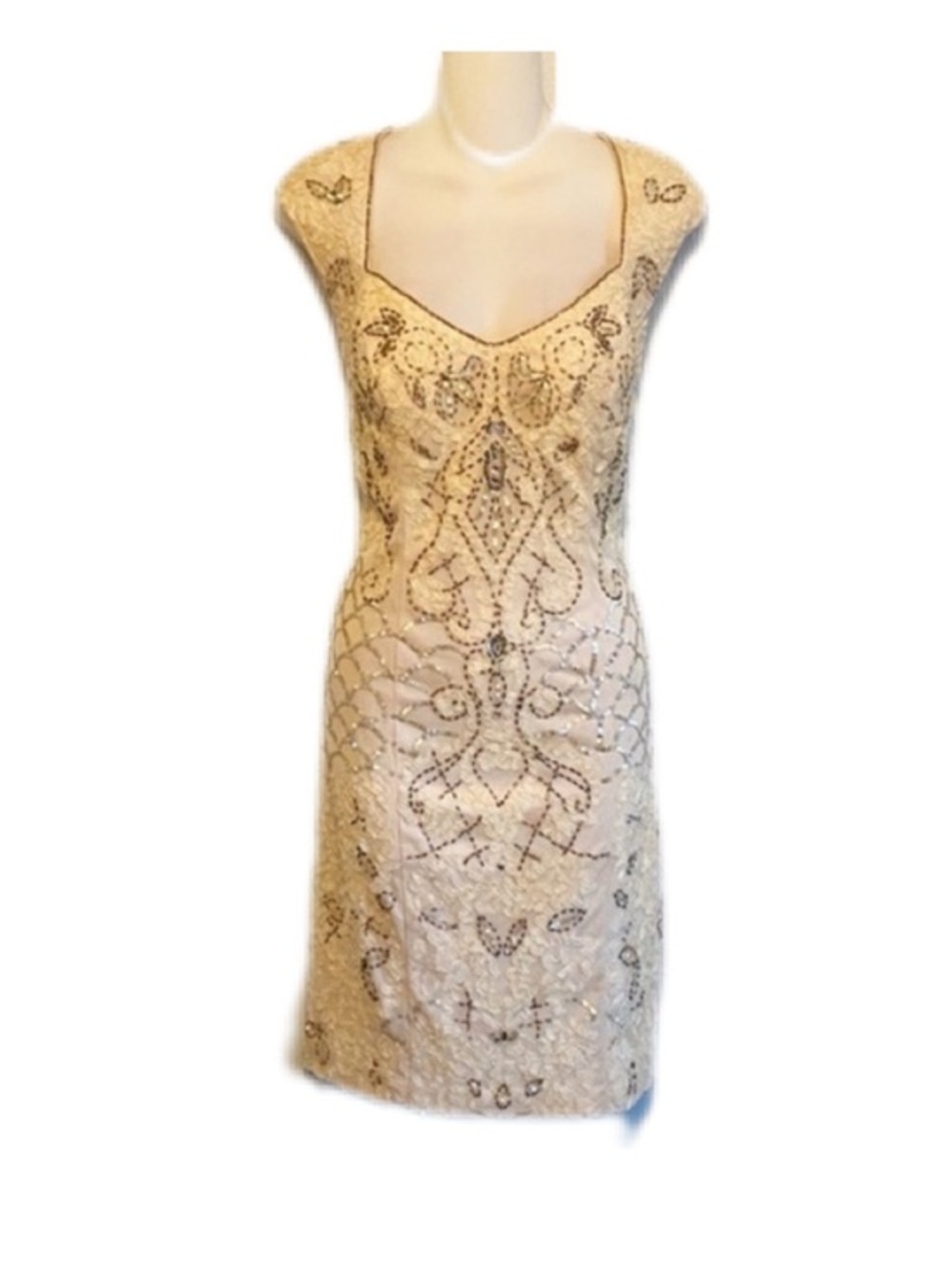 Sue Wong cream lace bead sequin evening cocktail dress 8